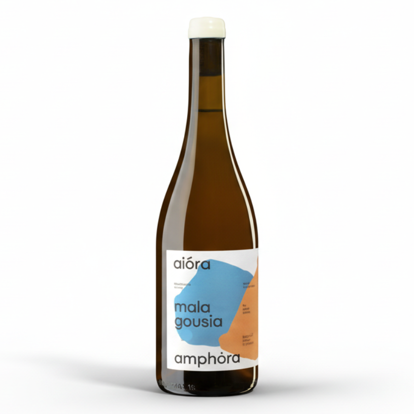 Weißwein Aiora Malagousia Amphora von Moschopolis Winery in einer eleganten Flasche, ideal für Weinliebhaber und Sammler.