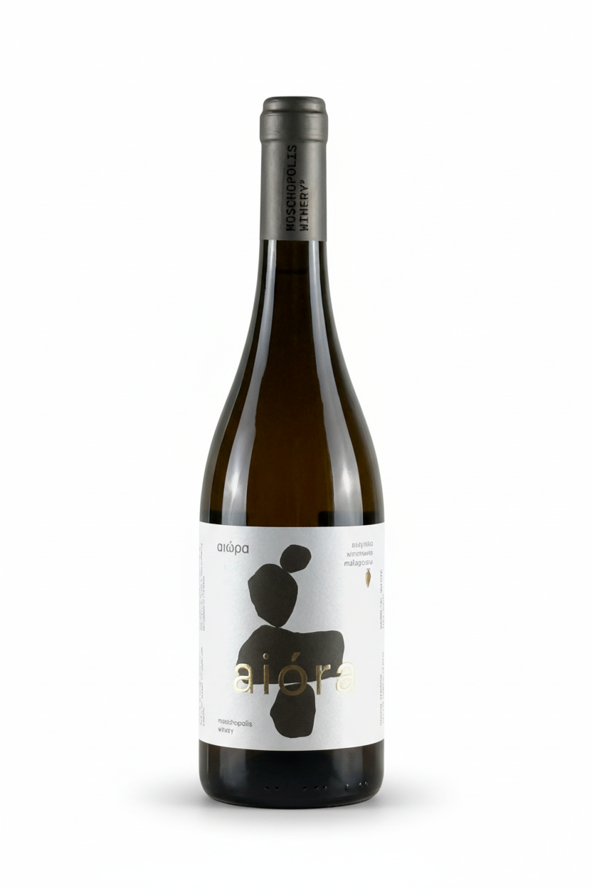Weißwein Aiora 2024 von Moschopolis Winery, klare Flasche mit goldenem Wein, elegant etikettiert, auf einem Weingarten.