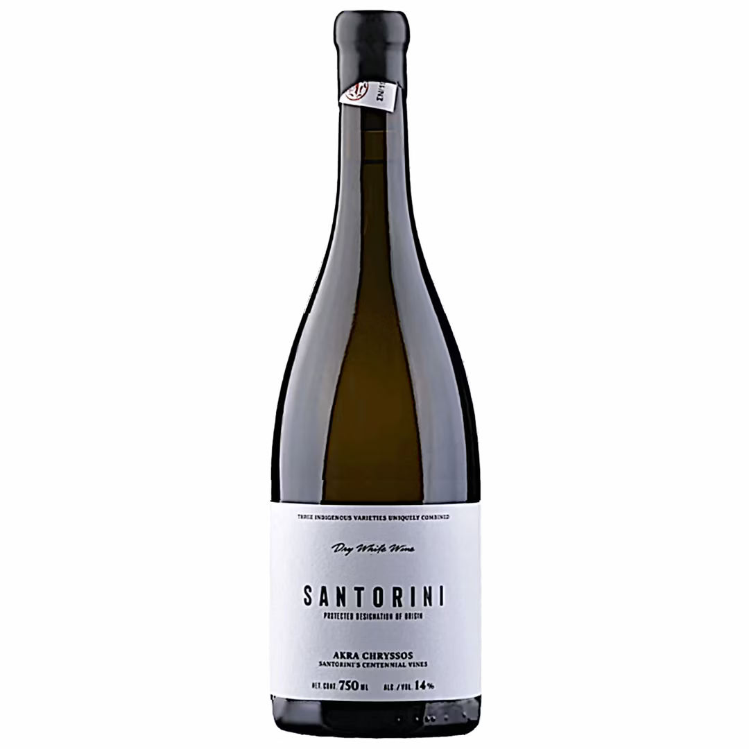 Akra Chryssos Santorini PDO Weißwein in Flasche, hellgelbe Farbe, elegantes Design, ideal für Weinliebhaber.