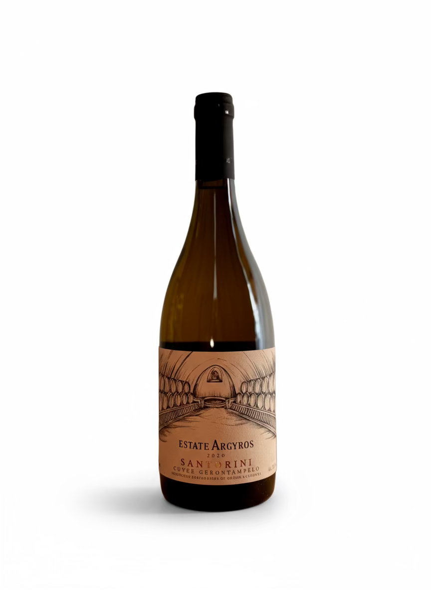 Argyros Estate Assyrtiko Cuvee Gerontampelo 2020 Weißwein in einer Flasche, Nahaufnahme des Etiketts.