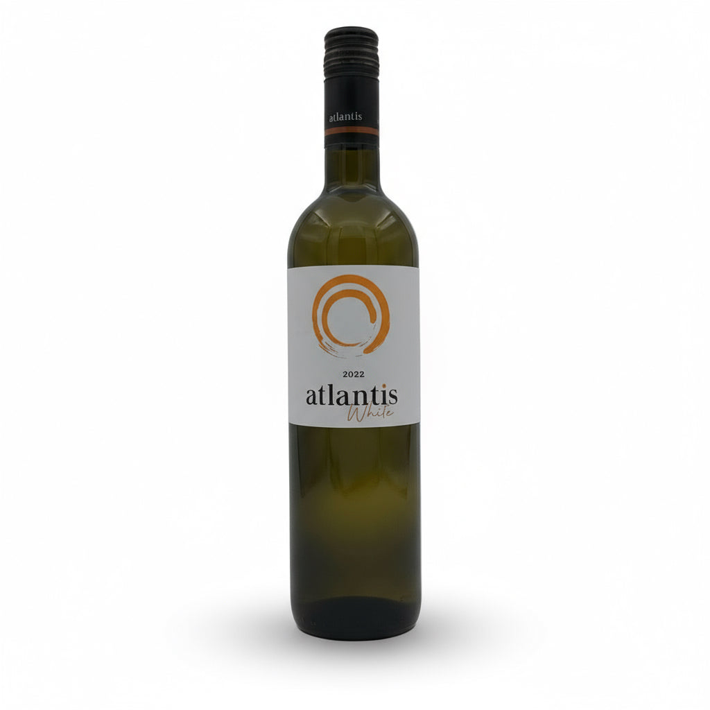 Weißwein Argyros Estate Atlantis 2021 in einem Weinglas, hellgelbe Farbe, elegantes Aroma, auf einem Weinglas stehend.