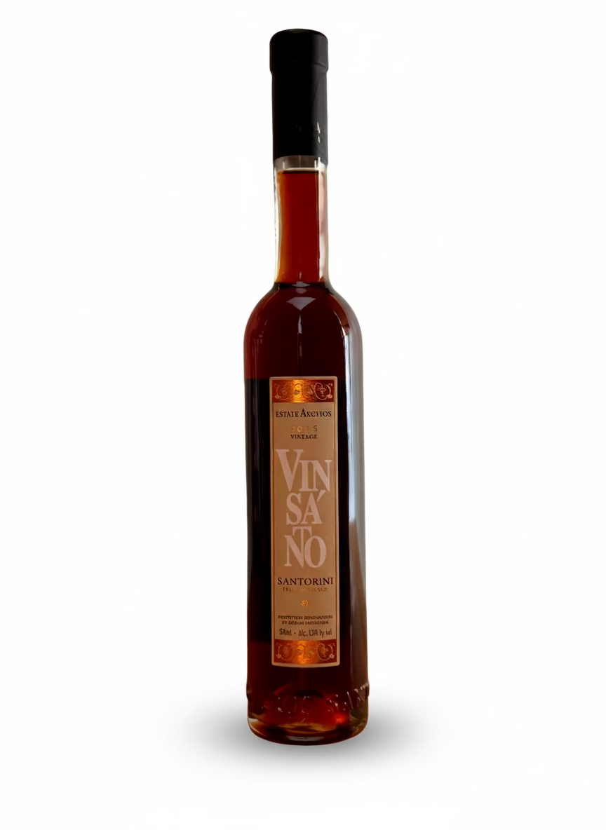 Argyros Estate Vinsanto 4 Jahre 2014, süßer Wein in einer Flasche mit goldener Beschriftung, ideal für Dessertbegleitung