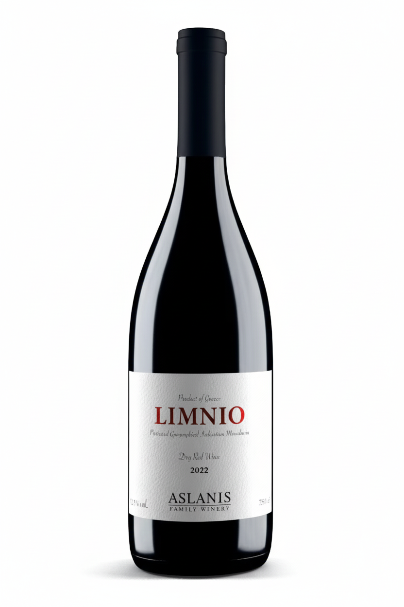 Rotwein Limnio 2022 von Aslanis Family Winery, biologischer Wein in einer eleganten Flasche, zeigt das Weinlogo auf dem Etikett