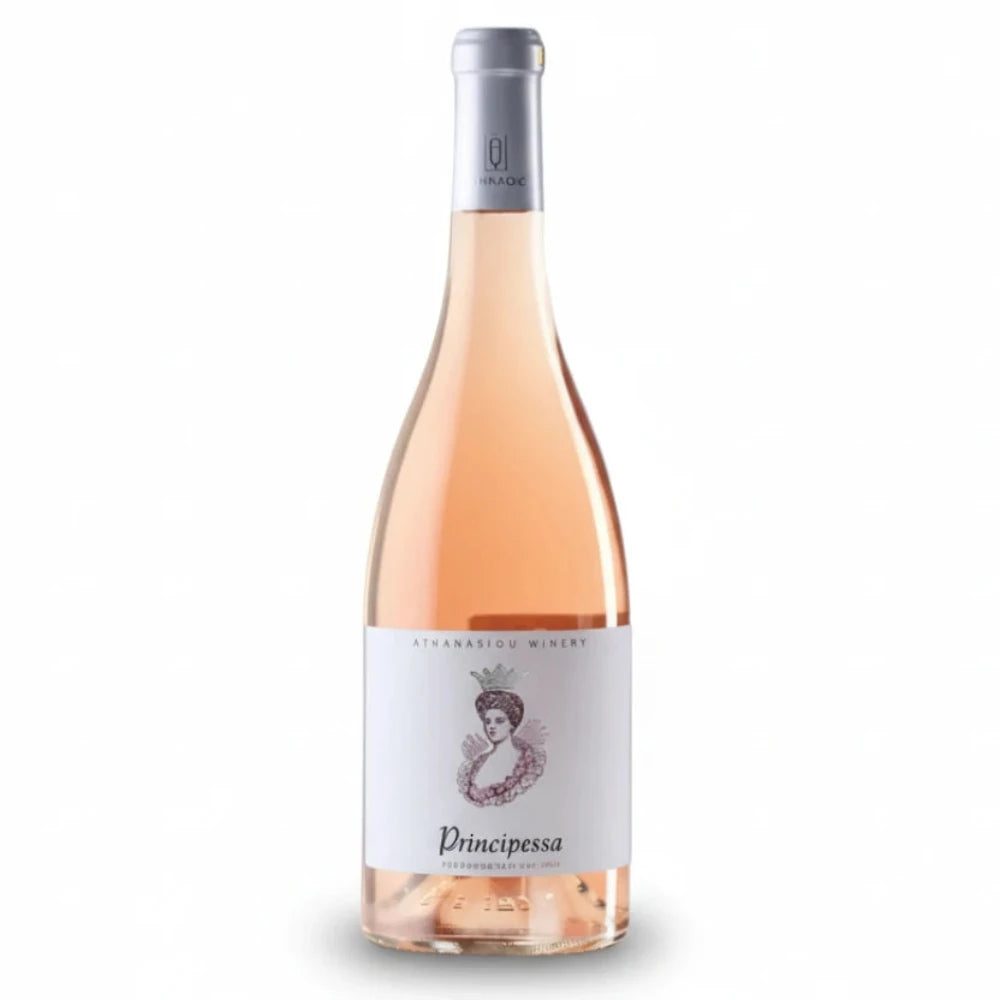 Athanasiou Winery Principessa BIO Rosé Wein in einer Flasche, hellrosa Farbe, elegantes Design, ideal für Weinliebhaber.
