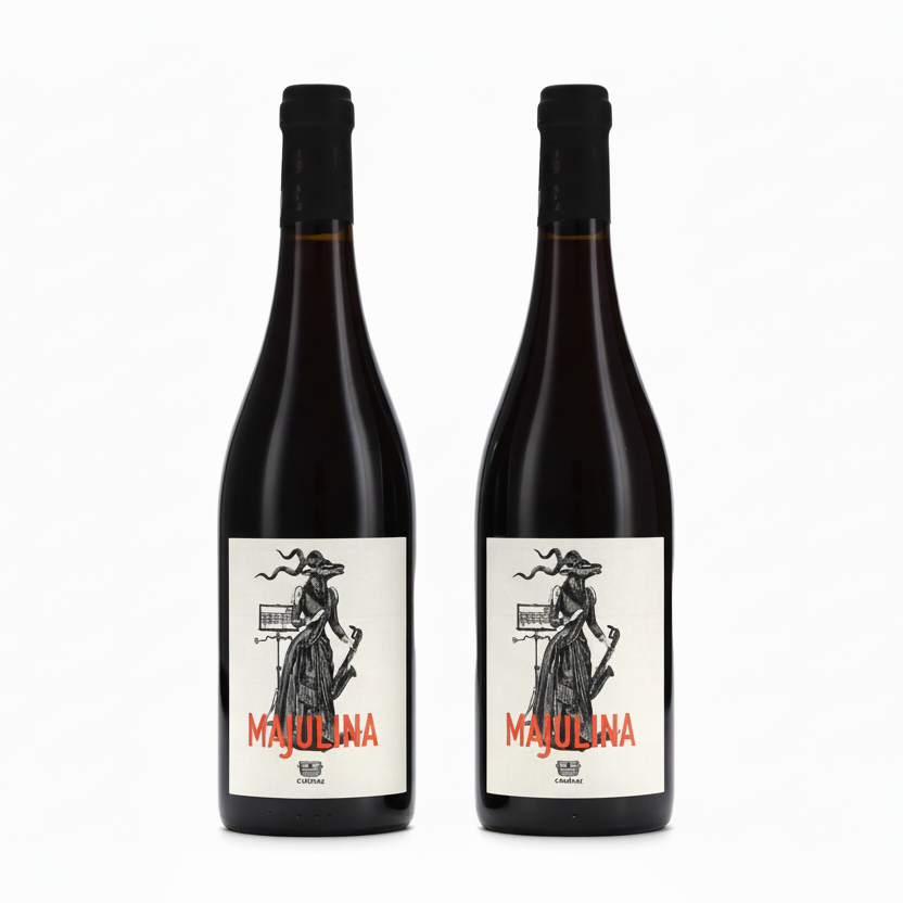 Majulina organic wine bottles displayed with vibrant label design, showcasing the unique packaging and branding.