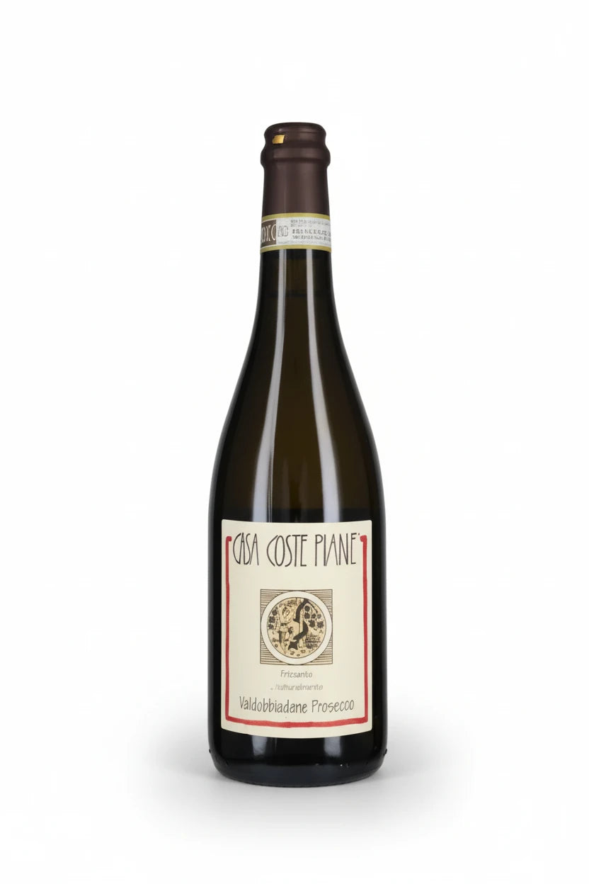Flasche Casa Coste Piane Prosecco DOCG Frizzante in einer eleganten Weinflasche mit Schaumwein-Design auf dem Etikett.
