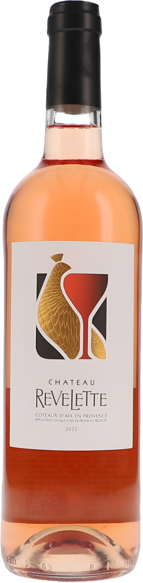 Château Revelette Rosé 2023 BIO Flasche mit rosafarbener Flüssigkeit und Etikett, Wein aus biologischem Anbau.