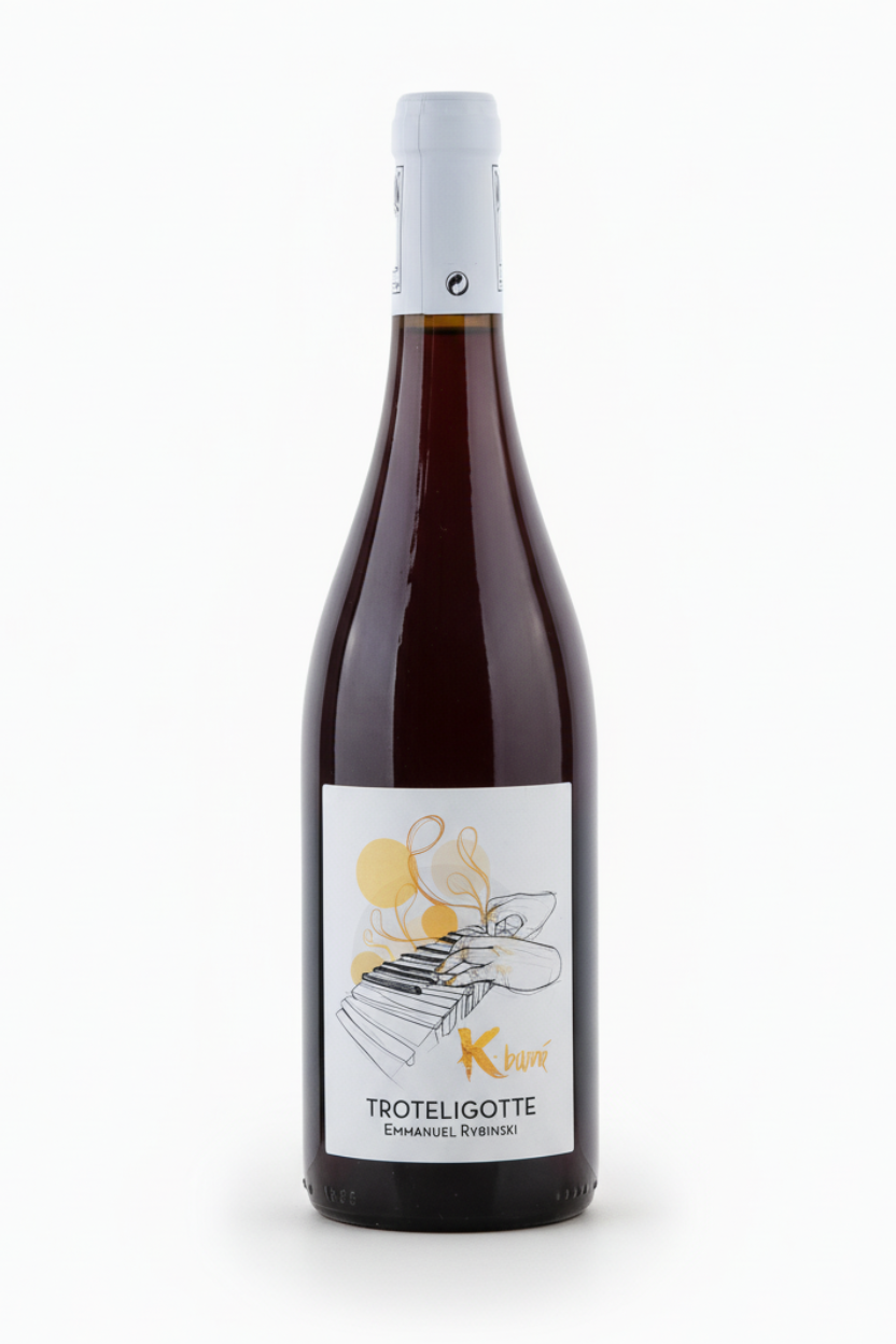 Roséwein Clos Troteligotte K-Barré VdF BIO in einer Weinflasche, mit Etikett und Weinfarbe sichtbar