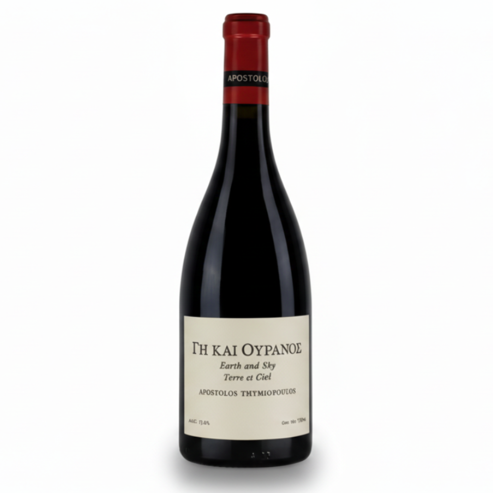 Tiefroter Rotwein von Thymiopoulos Vineyards, Earth and Sky Ghi & Ouranos 2023, mit dunklen Frucht- und Erde-Noten.