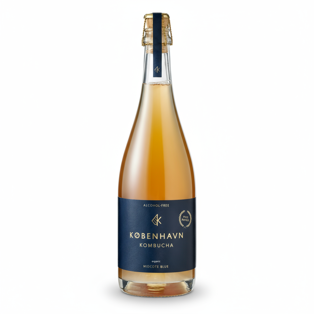 Hidcote Blue alkoholfreie Kombucha von København Kombucha in einer Flasche, erfrischend und naturbelassen, mit blauer Farbgebung.