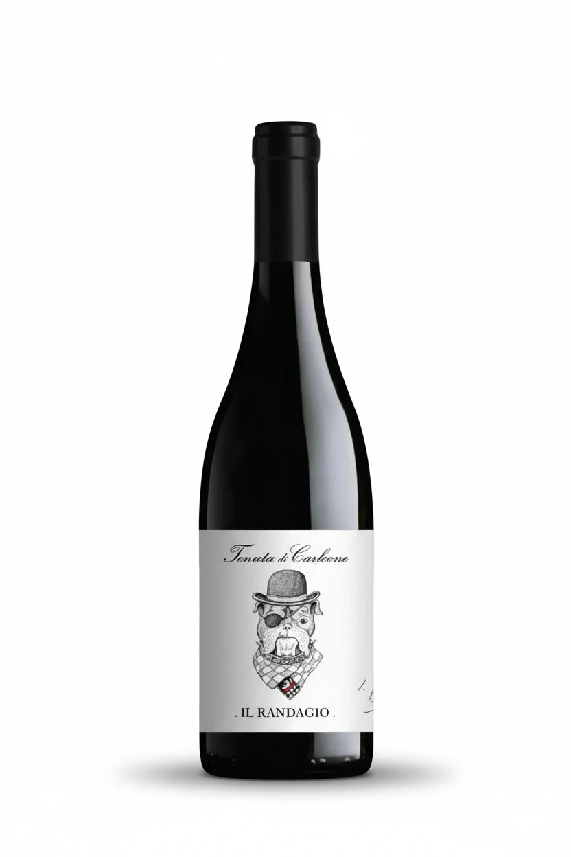 Rotwein Tenuta di Carleone Il Randagio IGT in einer Flasche, mit dunkler Traubenfarbe und eleganter Etikettgestaltung.