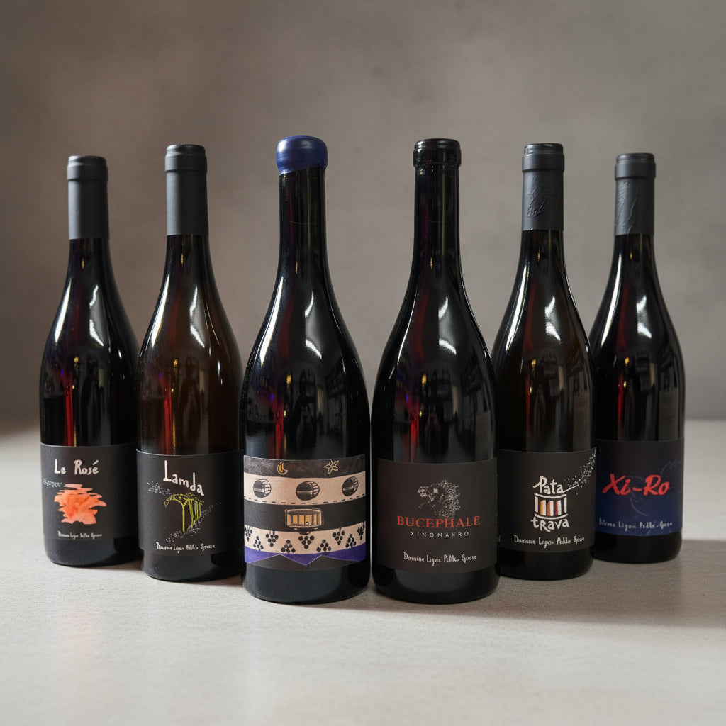 Verschiedene griechische Weinpakete von Domaine Ligas, inklusive Naturweinsorten im Ktima Ligas Entdeckerset.