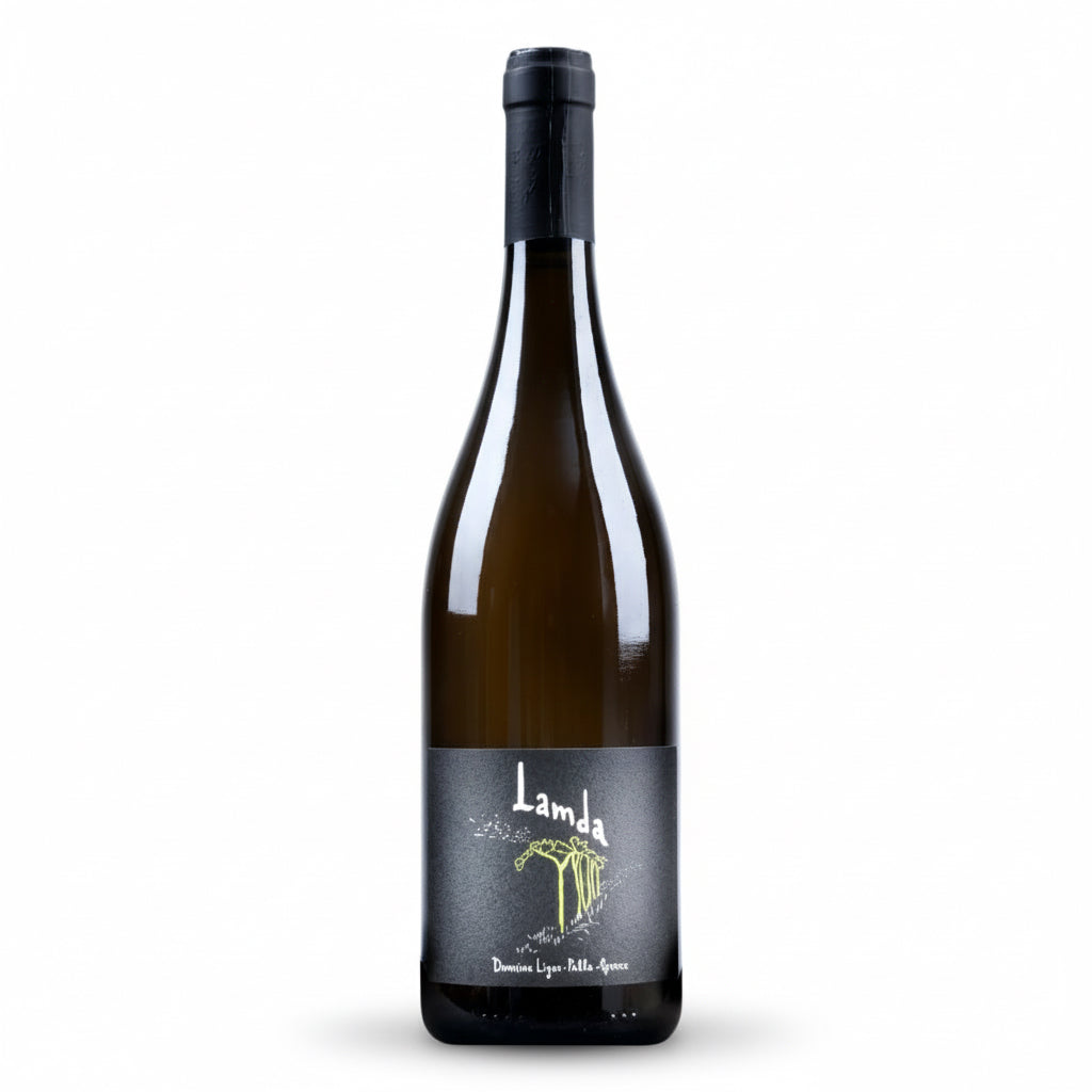 Weißwein Domaine Ligas Lamda 2023 BIO von Domaine Ligas-Ktima Ligas, Flasche mit Etikett, elegante Weinflasche auf Holztisch