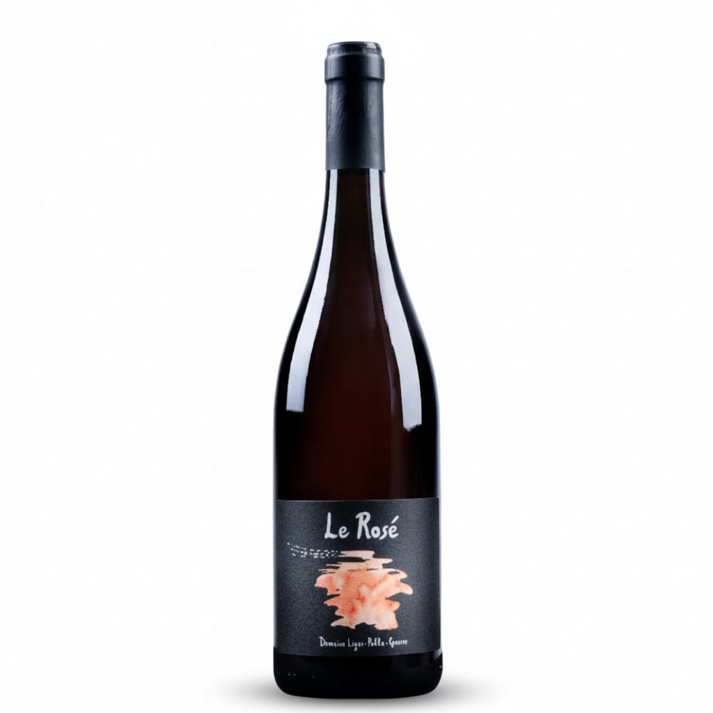 Roséwein Domaine Ligas Le Rose 2023 BIO in einem Weinglas, hellrosa Farbe, elegantes Flaschendesign, frischer und fruchtiger Eindruck
