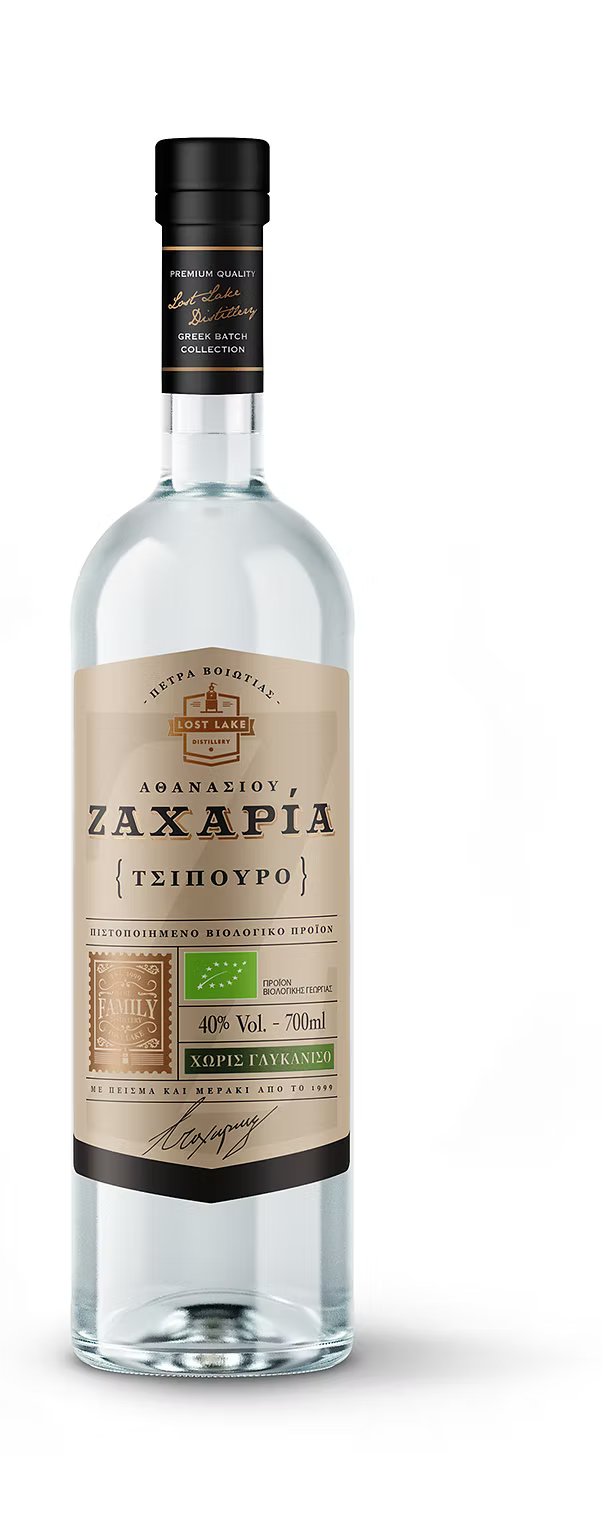 Bio Lost Lake Distillery Roditis Spirituose ohne Anis, klare Flasche mit goldener Flüssigkeit, handgefertigt, umweltfreundlich, hochwertiges Getränk