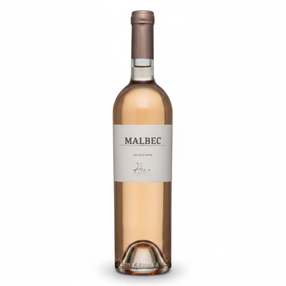 Rosé-Wein aus Malbec 2023 von Acra Winery, elegante Flasche mit rosafarbener Flüssigkeit und Etikett.