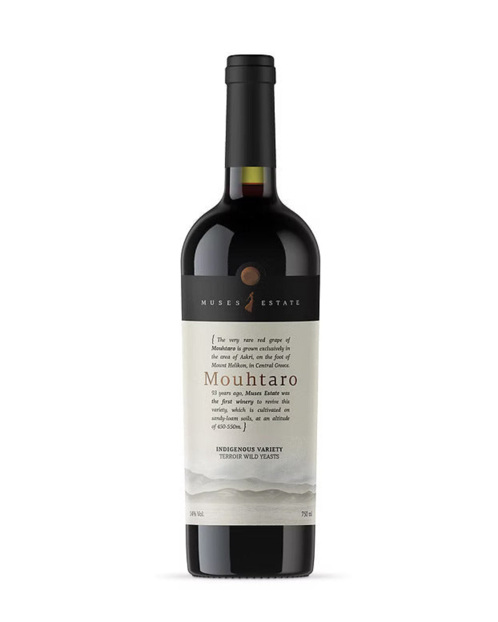 Roter Wein Muses Estate Mouhtaro 2023 in einem Weinglas, Nahaufnahme der Flasche, Wein mit dunkler rubinroter Farbe.