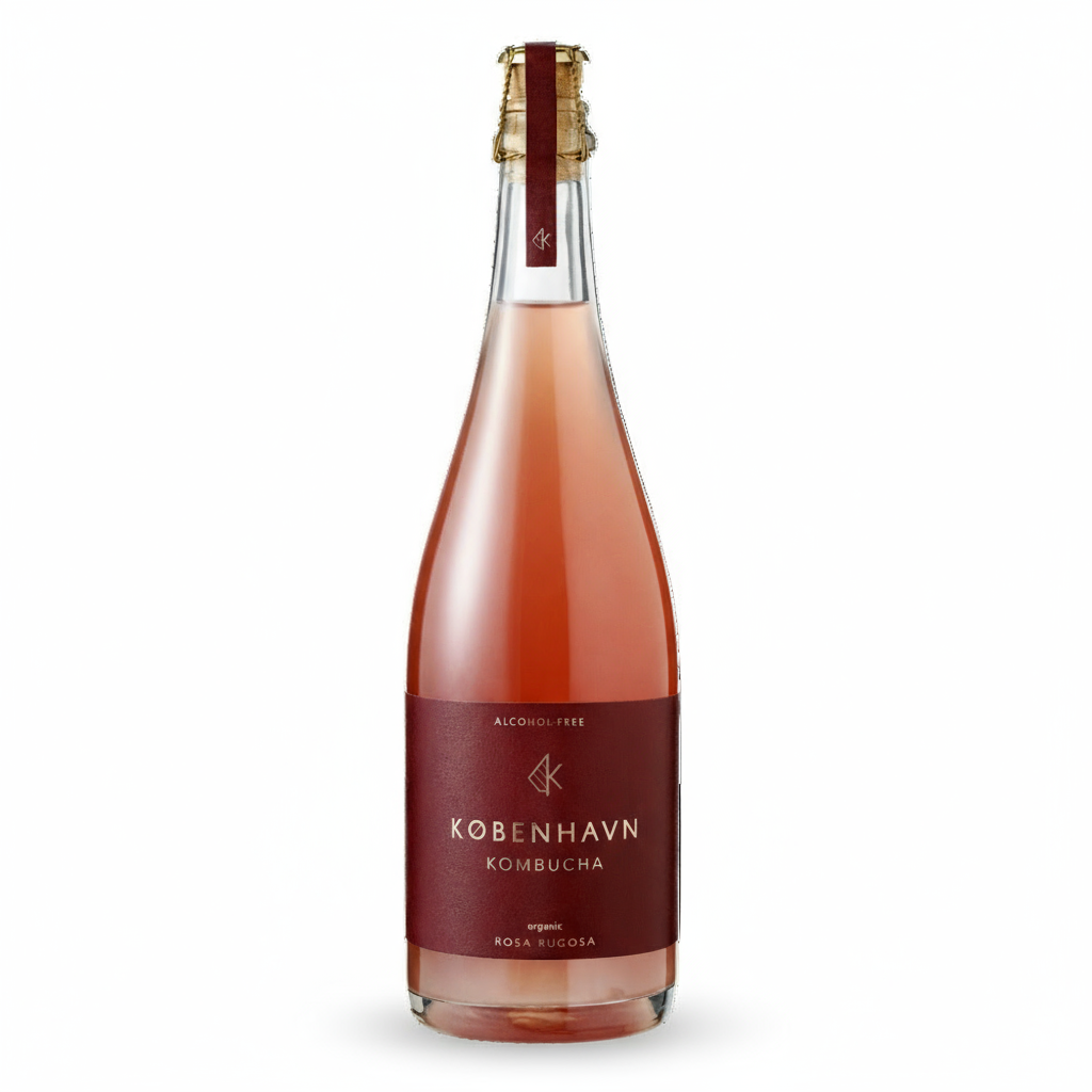 Rosa Rugosa 0,0% alkoholfreie Kombucha von København Kombucha mit rosa Blüten und spritzigem Geschmack.