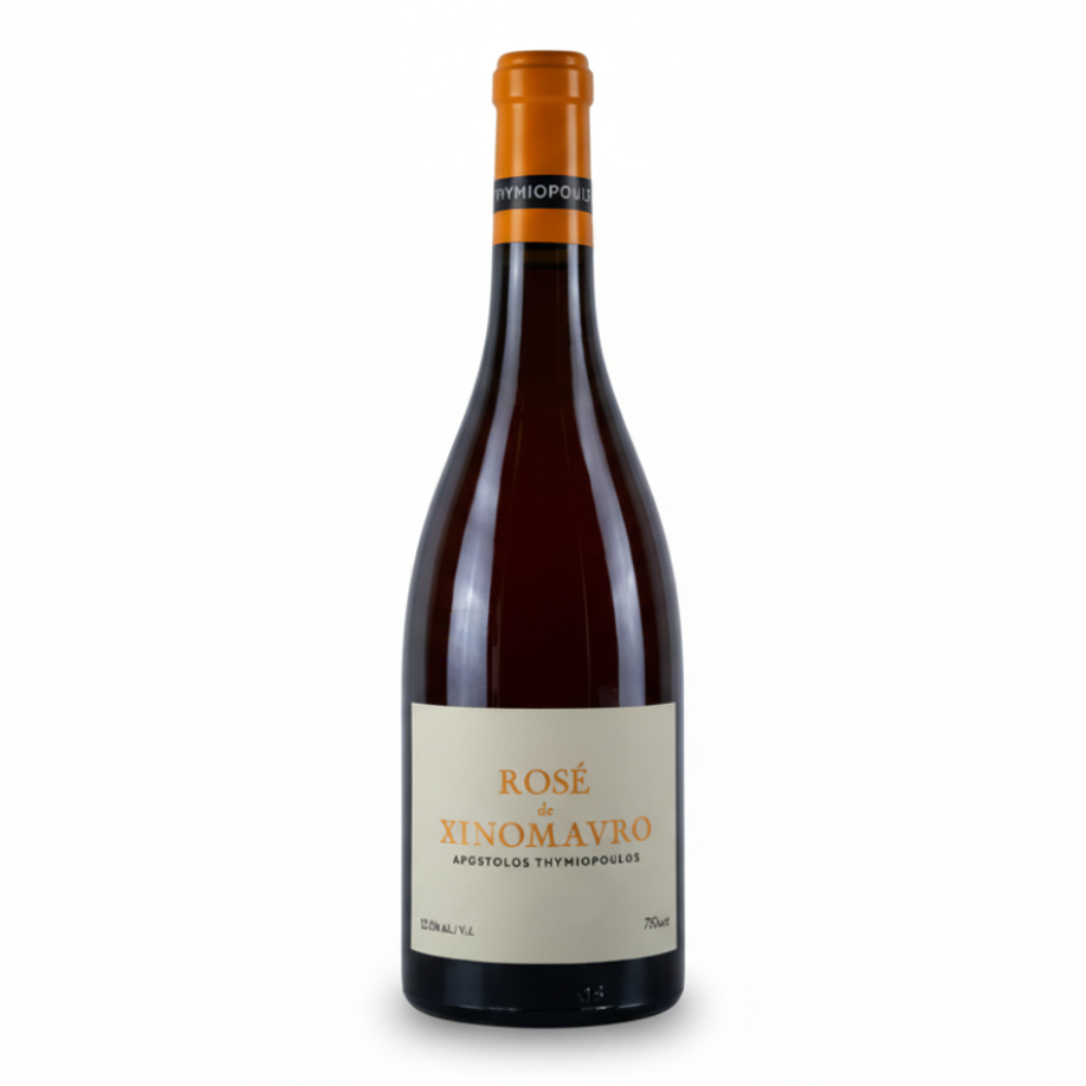 Rosé de Xinomavro 2024 von Thymiopoulos Vineyards, elegante rosa Weinflasche mit Etikett, Weindetails sichtbar