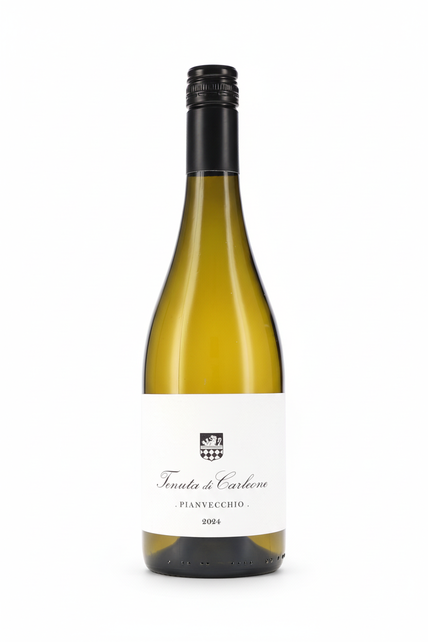 Italienischer Bio-Weißwein Tenuta di Carleone Pianvecchio IGT mit goldener Weinflasche und Label, elegantes Weindesign.
