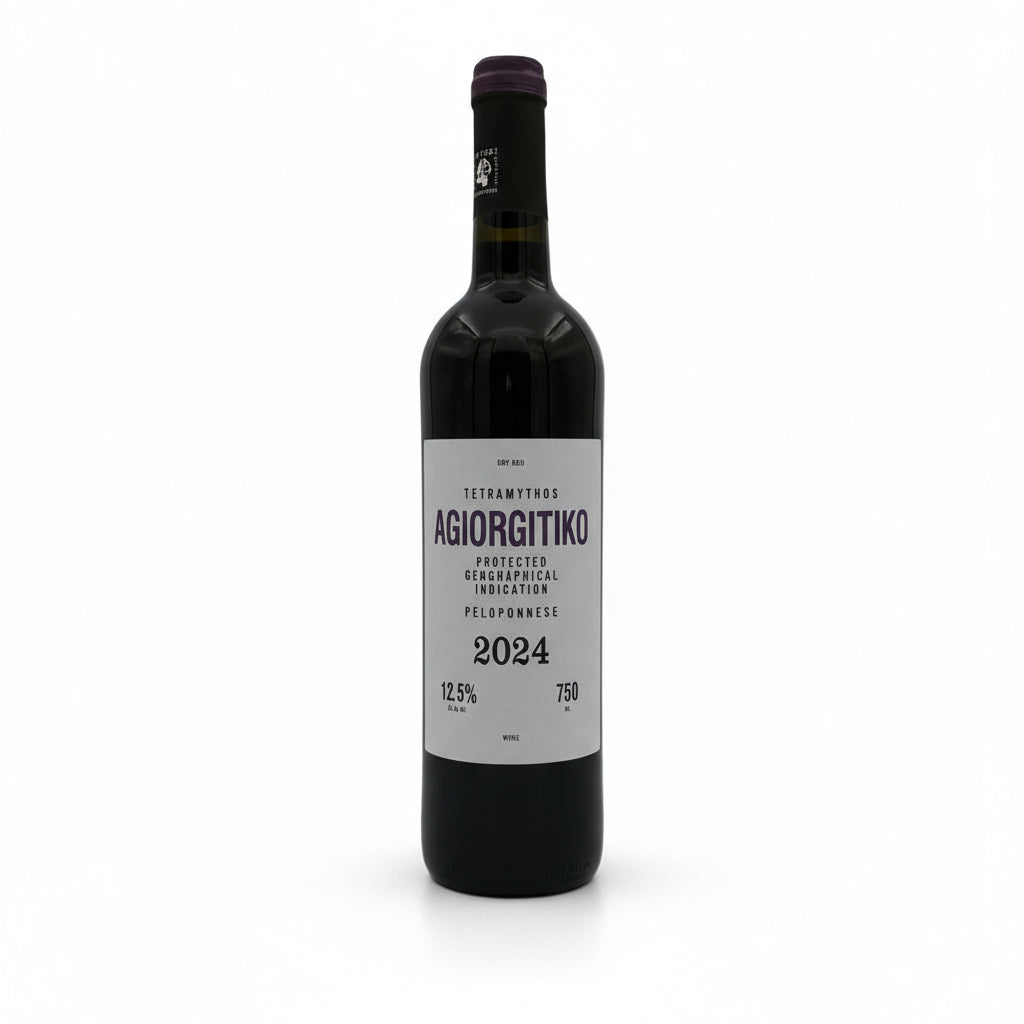 Bio-rotwein Tetramythos Winery Agiorgitiko 2024 mit tiefroter Farbe und eleganten Fruchtaromen.