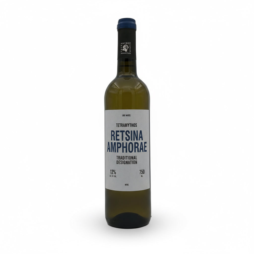Weiße Retsina Amphore aus biologischem Anbau von Tetramythos Winery, traditionelles Design, 2025.