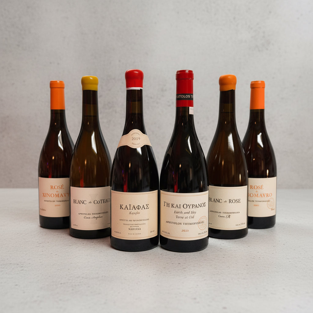 Verschiedene Weinpakete von Thymiopoulos Vineyards, mit Flaschen aus der Thymiopoulos Weine-Selection, elegante Weinvielfalt.
