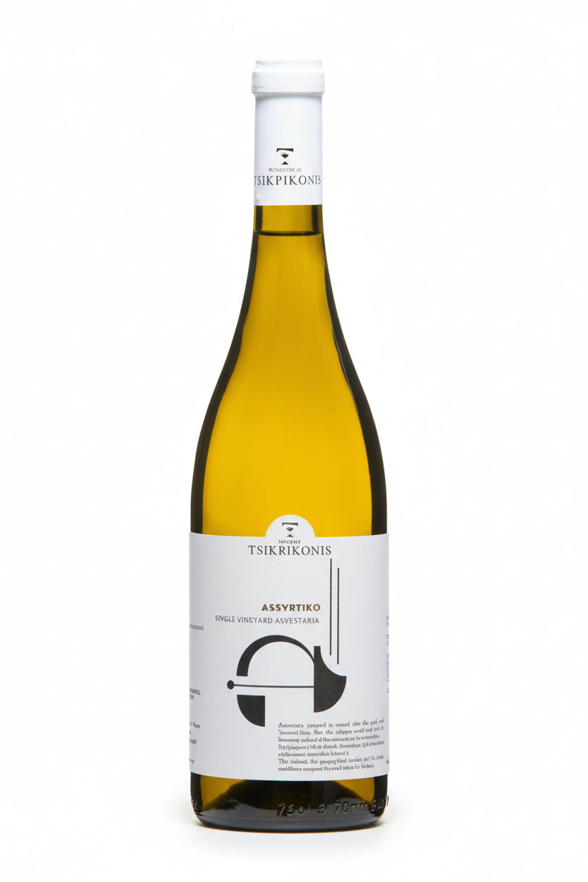 Weißwein Tsikrikonis Winery Assyrtiko 2022 in einer Weinflasche, mit Weinreben im Hintergrund, elegante Weinflasche auf Holzuntergrund