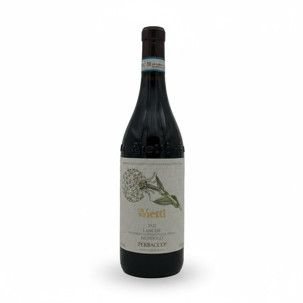 Vietti Langhe Nebbiolo Perbacco DOC Rotwein in einer Flasche, mit eleganter Etikettgestaltung und dunklem Rotwein im Glas
