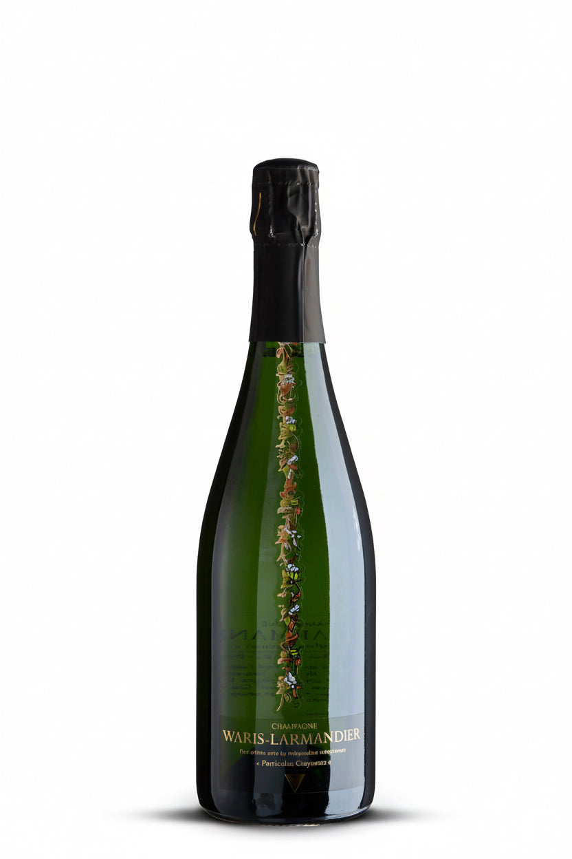 Waris-Larmandier Schaumwein Particules Crayeuses Extra Brut GC BdB in einer Flasche mit Schaum und Perlen, elegantes Design.