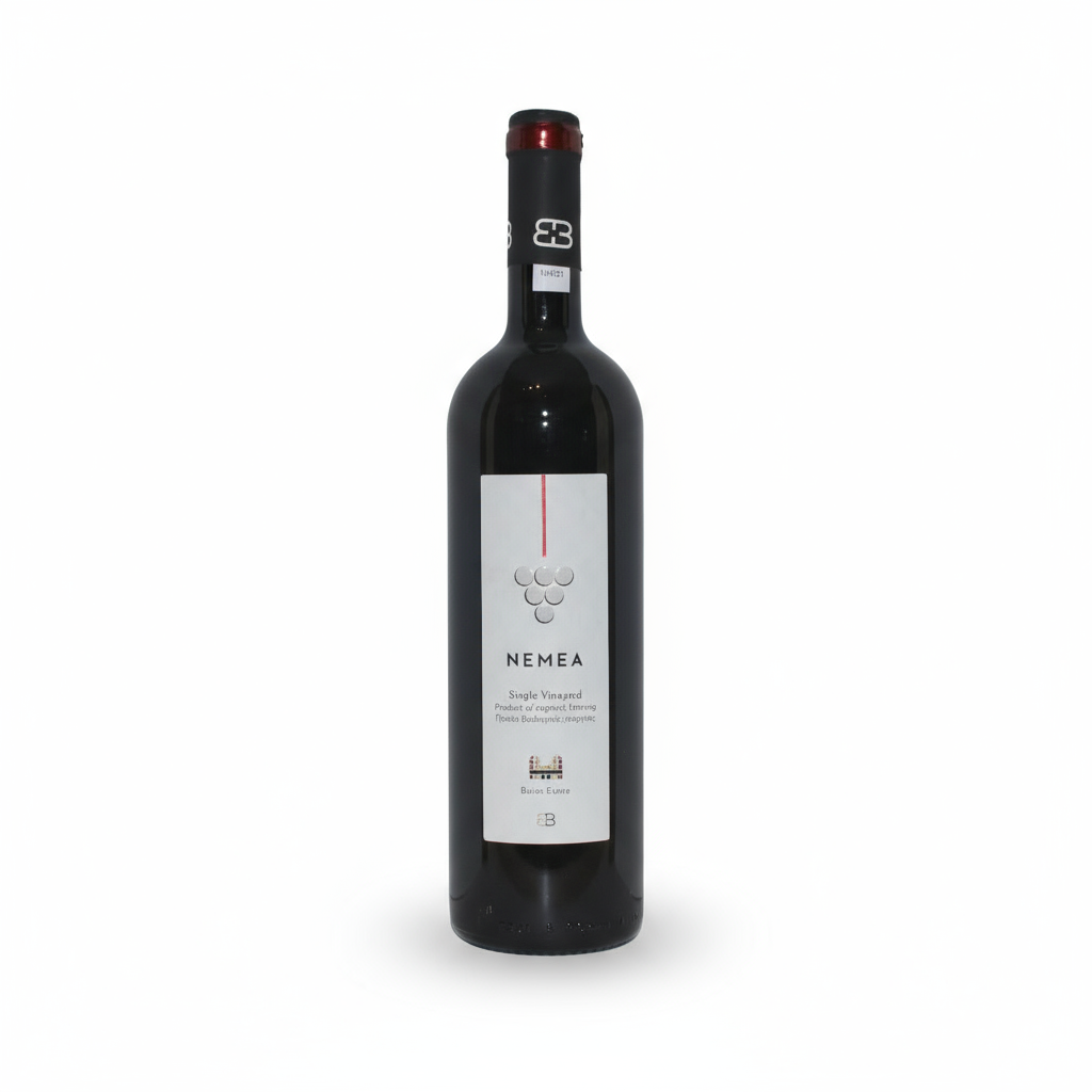 Rotwein Bizios Estate Nemea PDO 2019 BIO, 0,75l Flasche mit dunklem Rotwein im Glas, Naturweinglas, Bio-Produkt