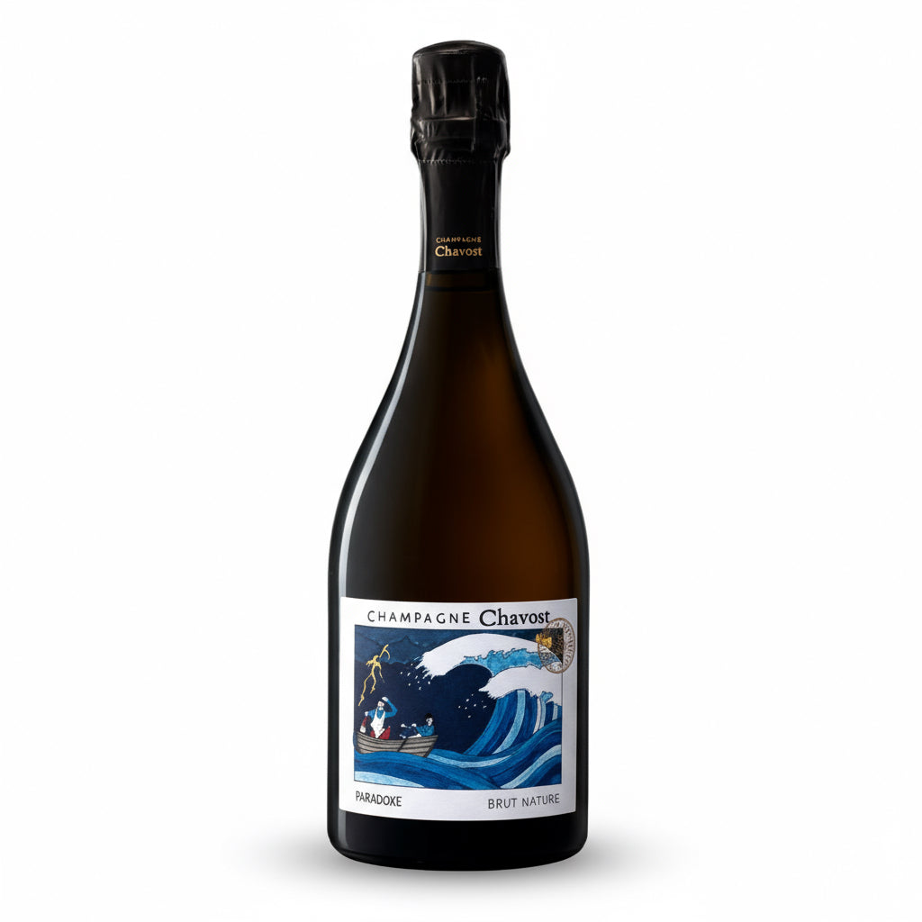 Flasche Champagne Chavost Cuvée Paradoxe Brut Nature, eleganter Schaumwein mit goldener Flasche und stilvollem Etikett.