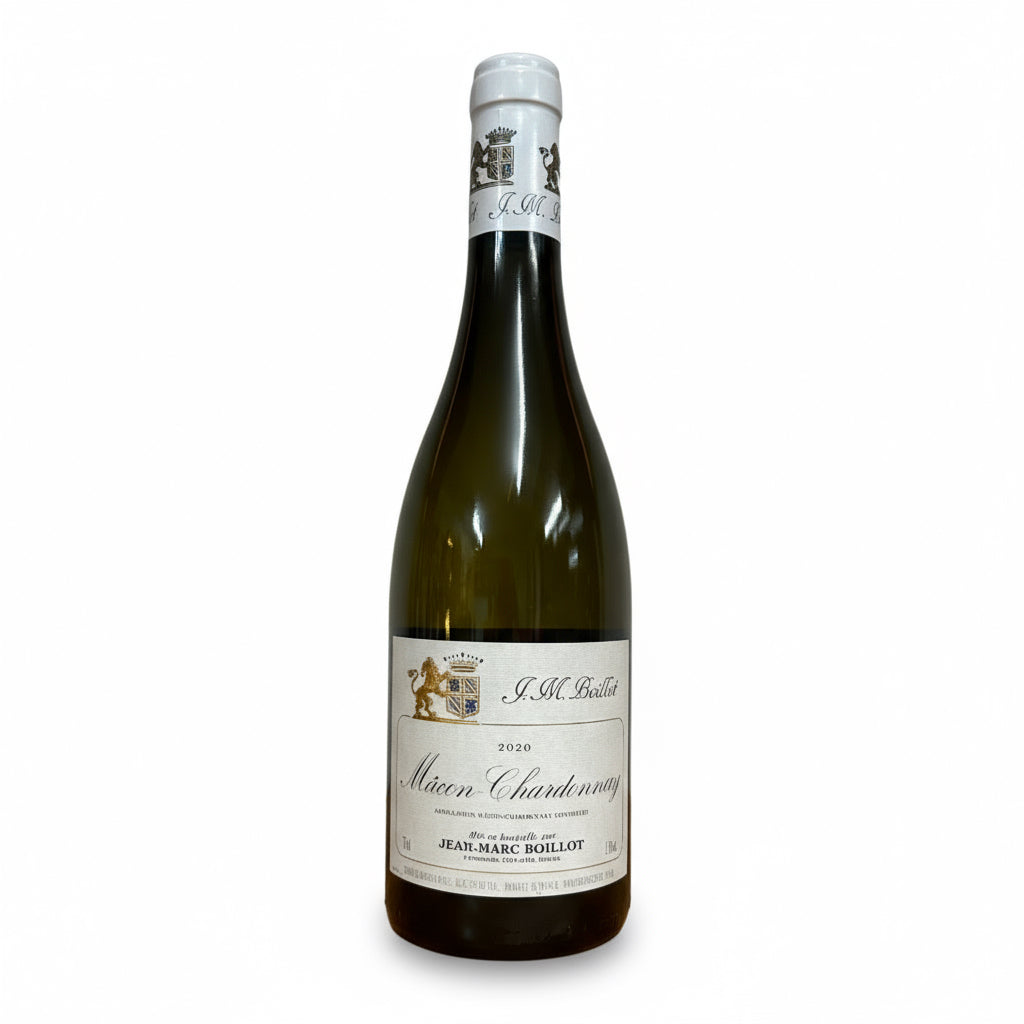 Weißwein Domaine Jean-Marc Boillot Mâcon Chardonnay 2020 in Flasche, goldene Farbe, Etikett sichtbar.