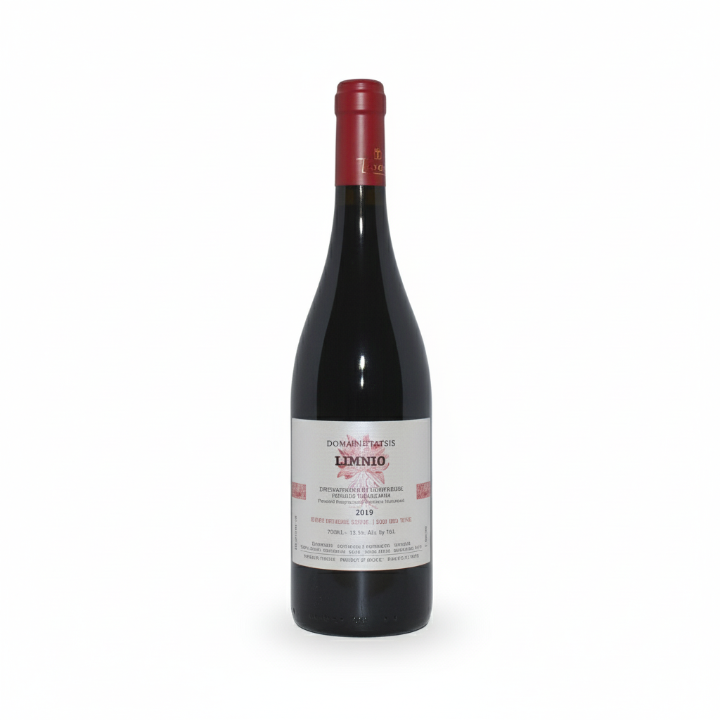 Domaine Tatsis Limnio 2019 Bio Rotwein in 0,75l Flasche, dunkle Farbe, Weinflasche mit Etikett, biologischer Rotwein.
