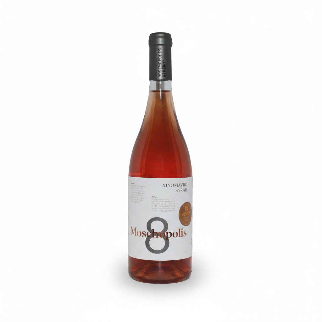 Roséwein Moschopolis Winery 8 2019 in einer 0,75-Liter-Flasche, hellrosa Farbe, mit Weinreben im Hintergrund.