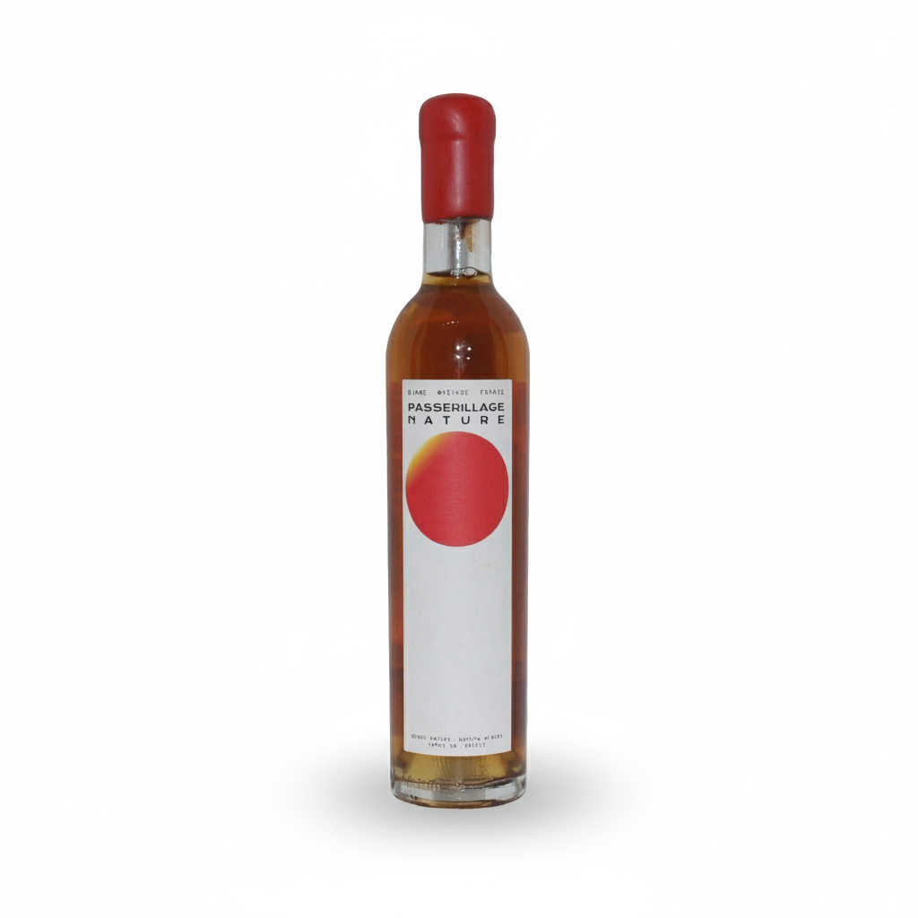 Süßer Bio-Wein Nopera Winery Passerilage 2013 in 0,375l Flasche, dunkle Farbe, elegante Weinflasche mit Etikett.