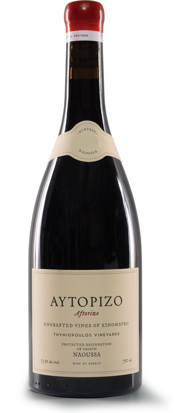 Rotwein Thymiopoulos Vineyards Xinomavro Aftorizo Single Vineyard 2019 in einer Weinflasche.
