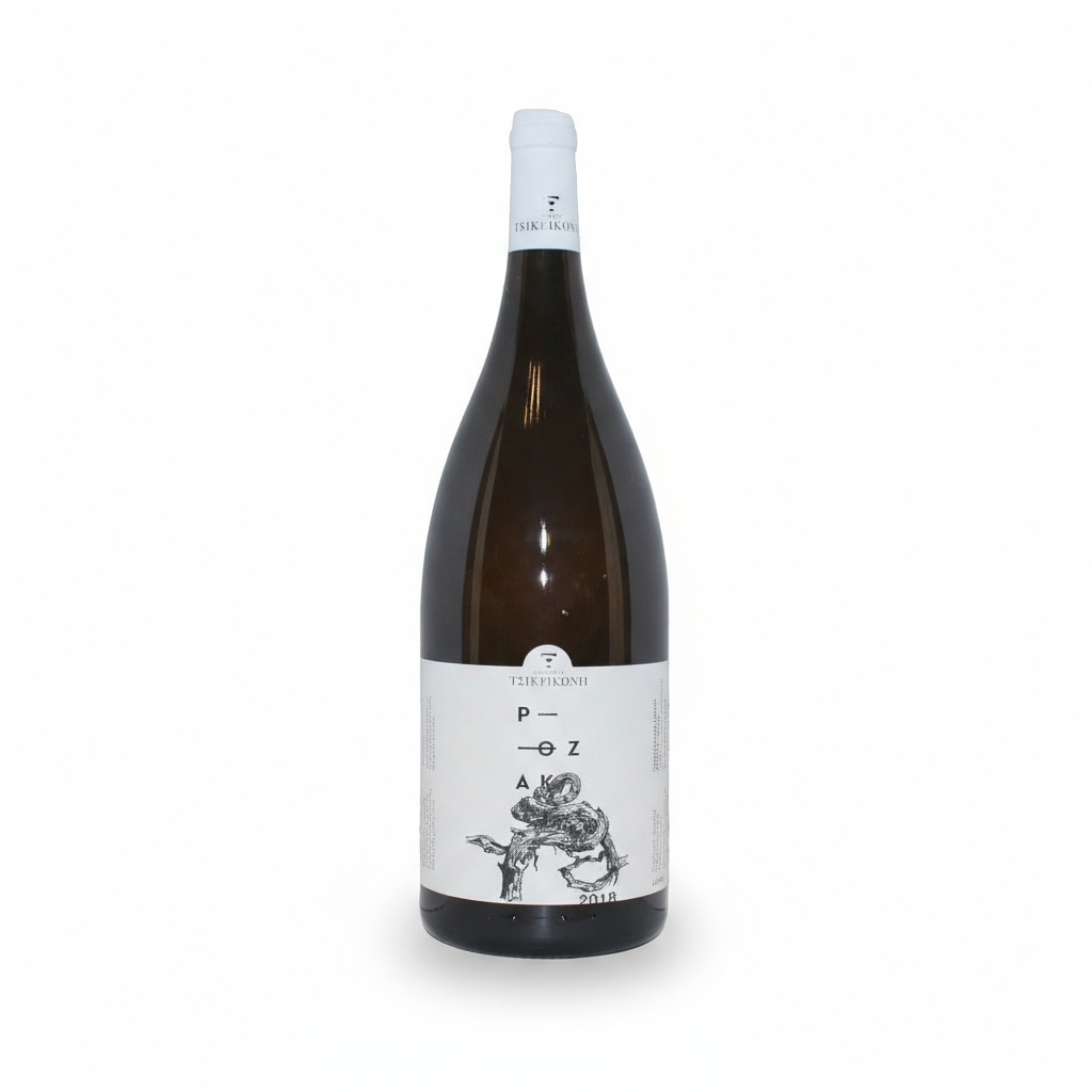 Weißwein Tsikrikonis Winery Rosaki MG 2018 in einer Flasche, hellgelbe Farbe, elegantes Weinglas, Weinprobe-Atmosphäre